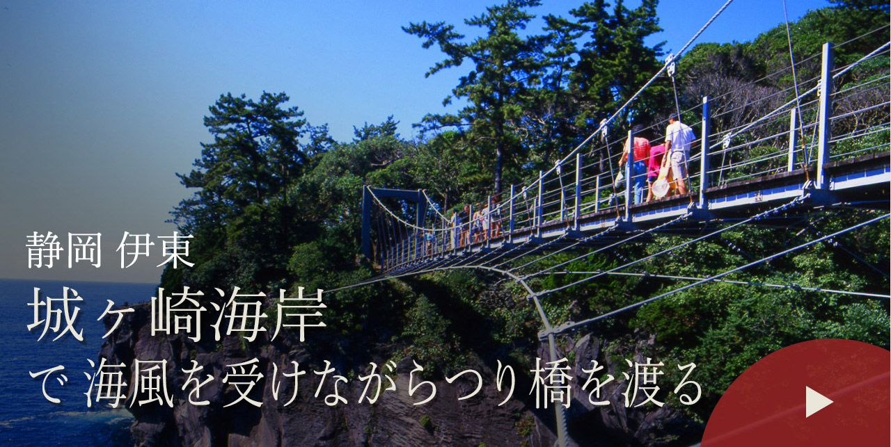 静岡 伊東　城ヶ崎海岸で海風を受けながらつり橋を渡る