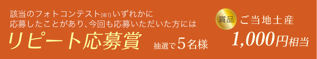 該当のフォトコンテスト(※1)いずれかに応募したことがあり、 今回も応募いただいた方には「リピート応募賞」5名様 賞品:ご当地土産1,000円分
