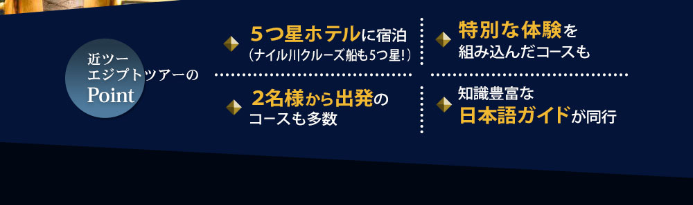 近ツーエジプトツアーのpoint 5つ星ホテルに宿泊(ナイル川クルーズ船も5つ星!) 特別な体験を組み込んだコースも 2名様から出発のコースも多数 知識豊富な日本語ガイドが同行