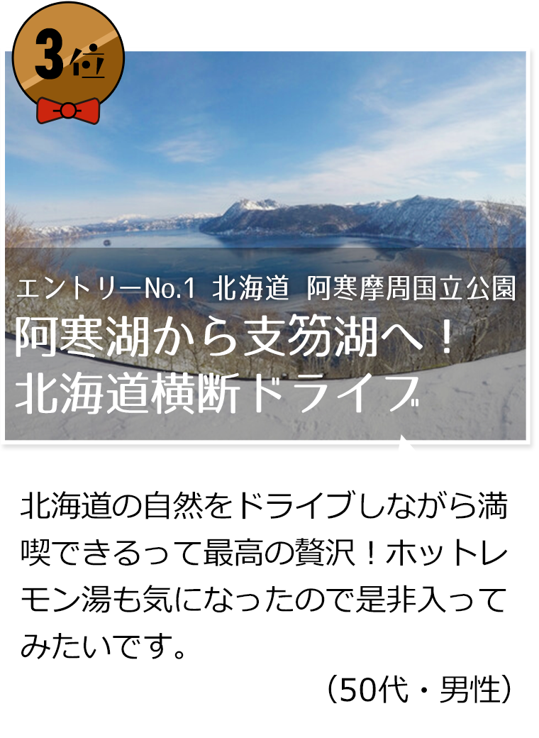 3位　エントリーNo.1　北海道　阿寒摩周国立公園　阿寒湖から支笏湖へ！北海道横断ドライブ