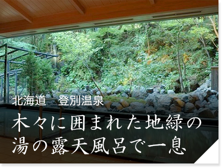 北海道　登別温泉「登別温泉郷 滝乃家」
　木々に囲まれた地緑の湯の露天風呂で一息