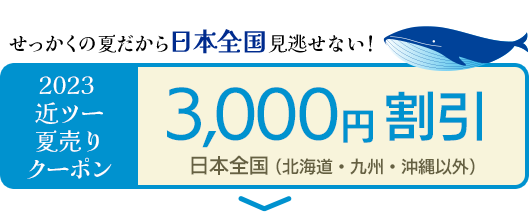 せっかくの夏だから日本全国見逃せない！　2023 近ツー夏売りクーポン 3,000円割引（日本全国　北海道・九州・沖縄以外）