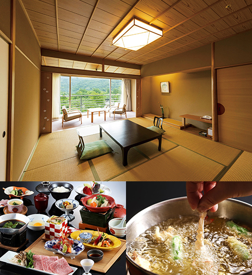 上:お部屋(中央館 和室)の一例 下:お食事の一例
