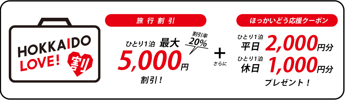 HOKKAIDO LOVE!割 「旅行割引」(ひとり1泊)最大5,000円割引! + 「ほっかいどう応援クーポン」(ひとり1泊・平日)2,000円分(ひとり1泊・休日)1,000円分プレゼント!