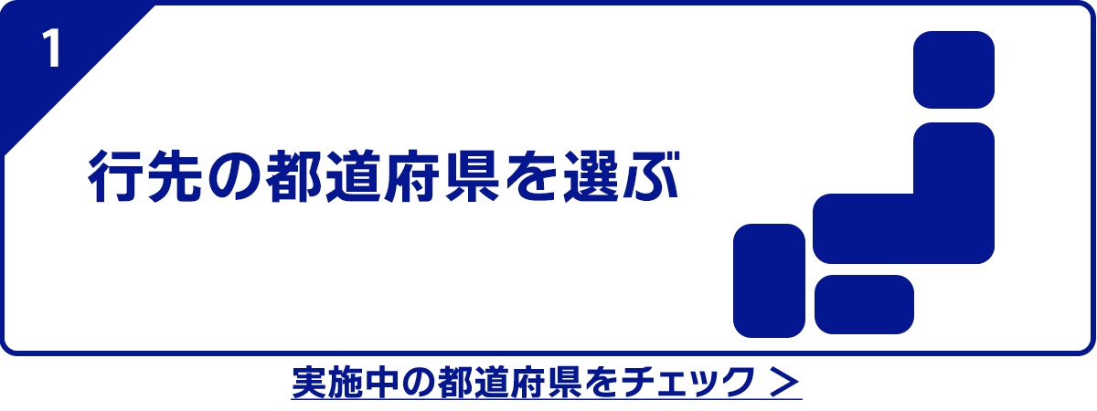 1.行先の都道府県を選ぶ　実施中の都道府県をチェック ＞